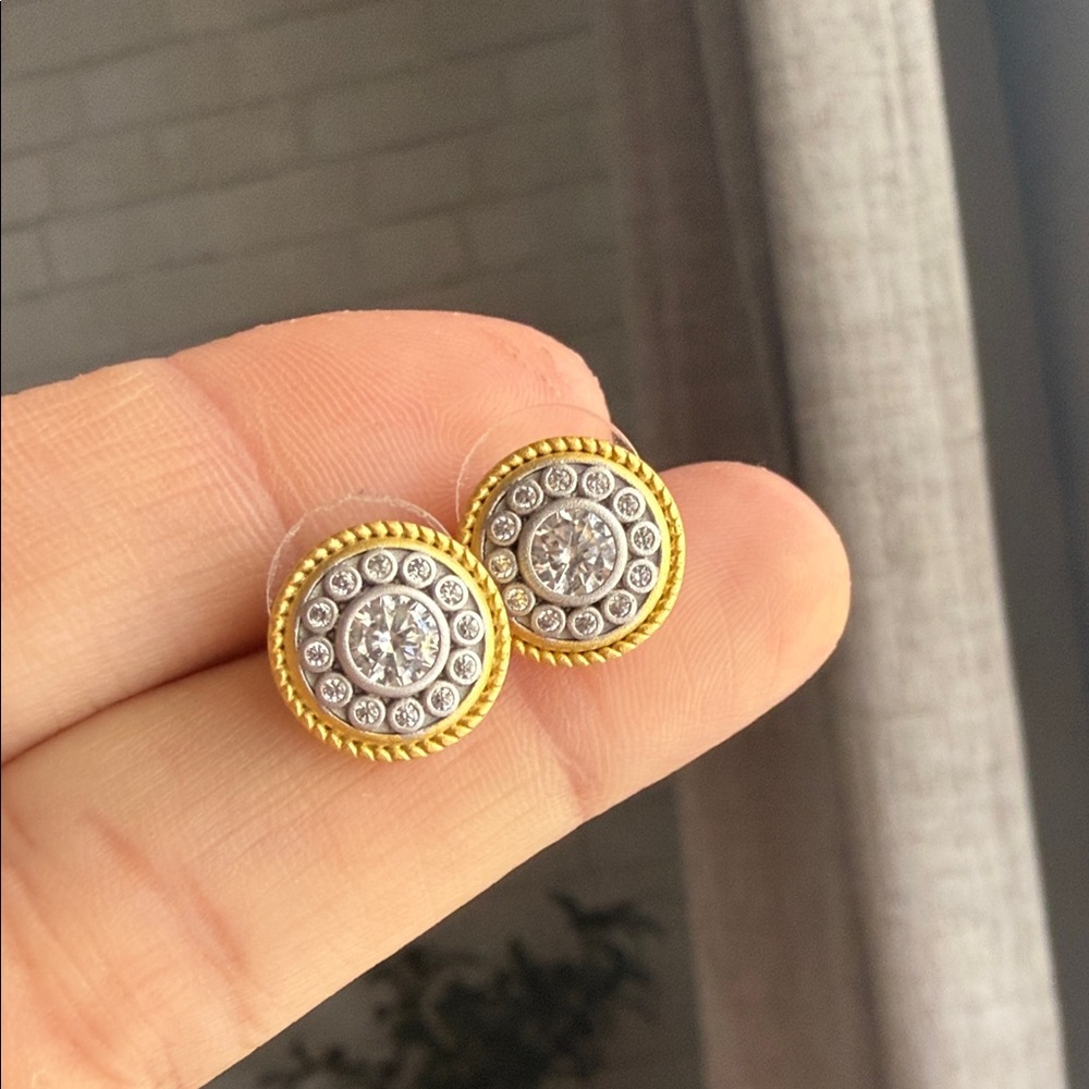 Freida Rothman button 925 Sterling Gold overlay Stud Earrings - Picture 2 of 5